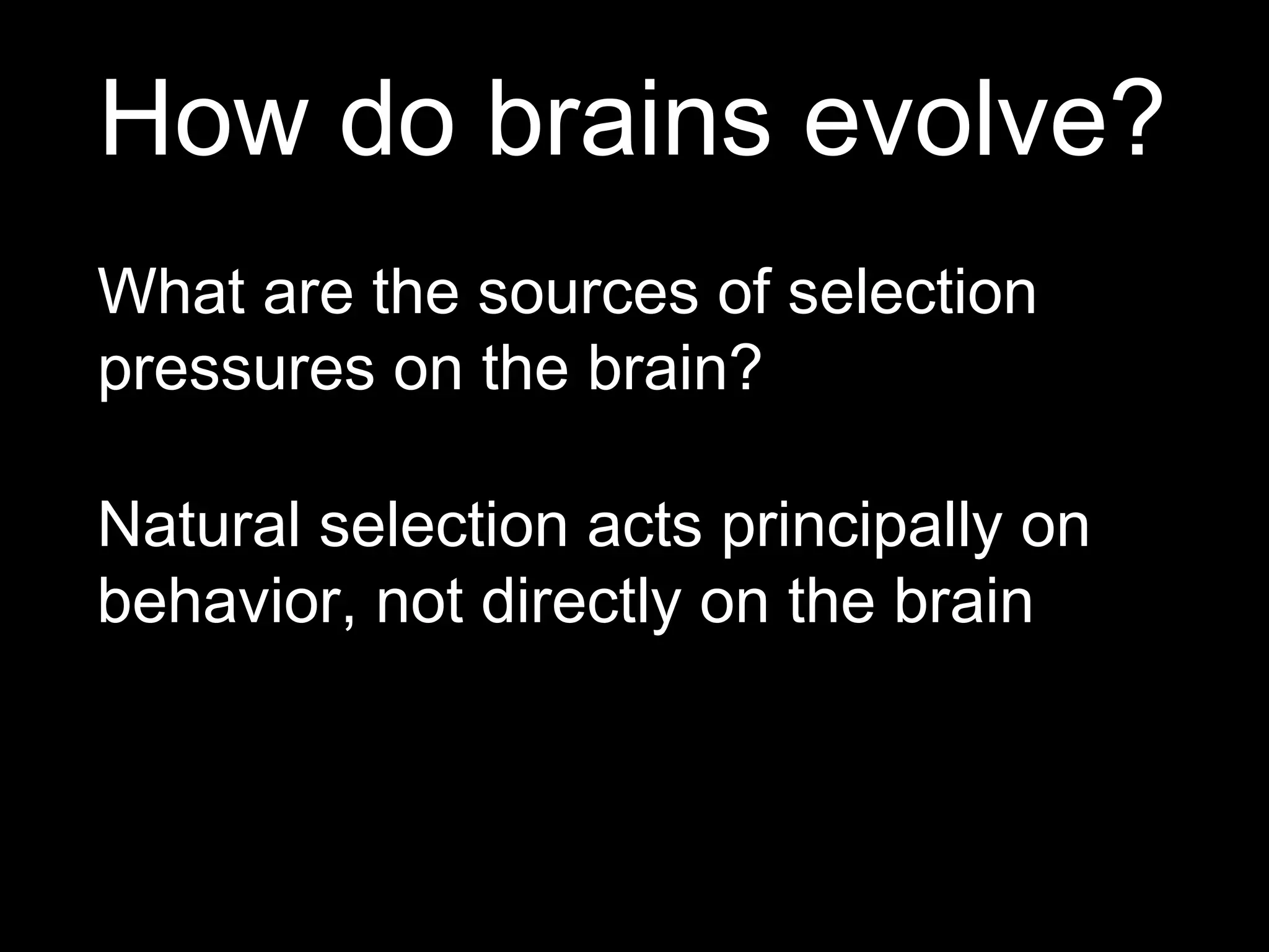 How do brains evolve?
What are the sources of selection
pressures on the brain?
Natural selection acts principally on
behavior, not directly on the brain
 