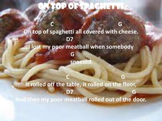 On Top of Spaghetti

             C                          G
   On top of spaghetti all covered with cheese.
                   D7
    I lost my poor meatball when somebody
                    G
                    sneezed.

                     C                      G
   It rolled off the table, it rolled on the floor,
                     D7                          G
And then my poor meatball rolled out of the door.
 