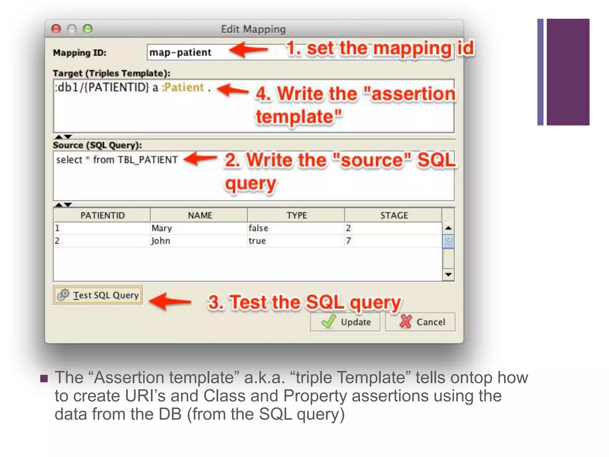 +
 The “Assertion template” a.k.a. “triple Template” tells ontop how
to create URI‟s and Class and Property assertions using the
data from the DB (from the SQL query)
 