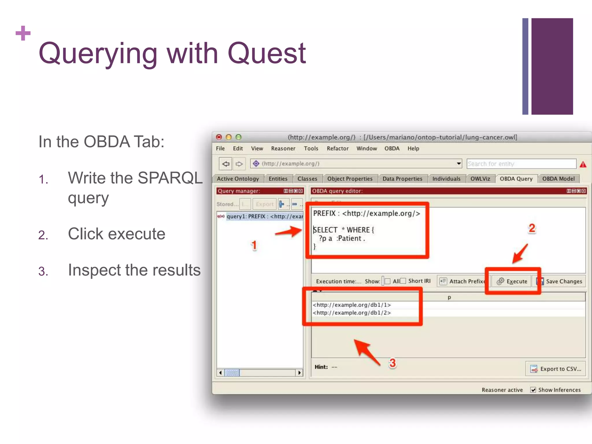 +
Querying with Quest
In the OBDA Tab:
1. Write the SPARQL
query
2. Click execute
3. Inspect the results
 
