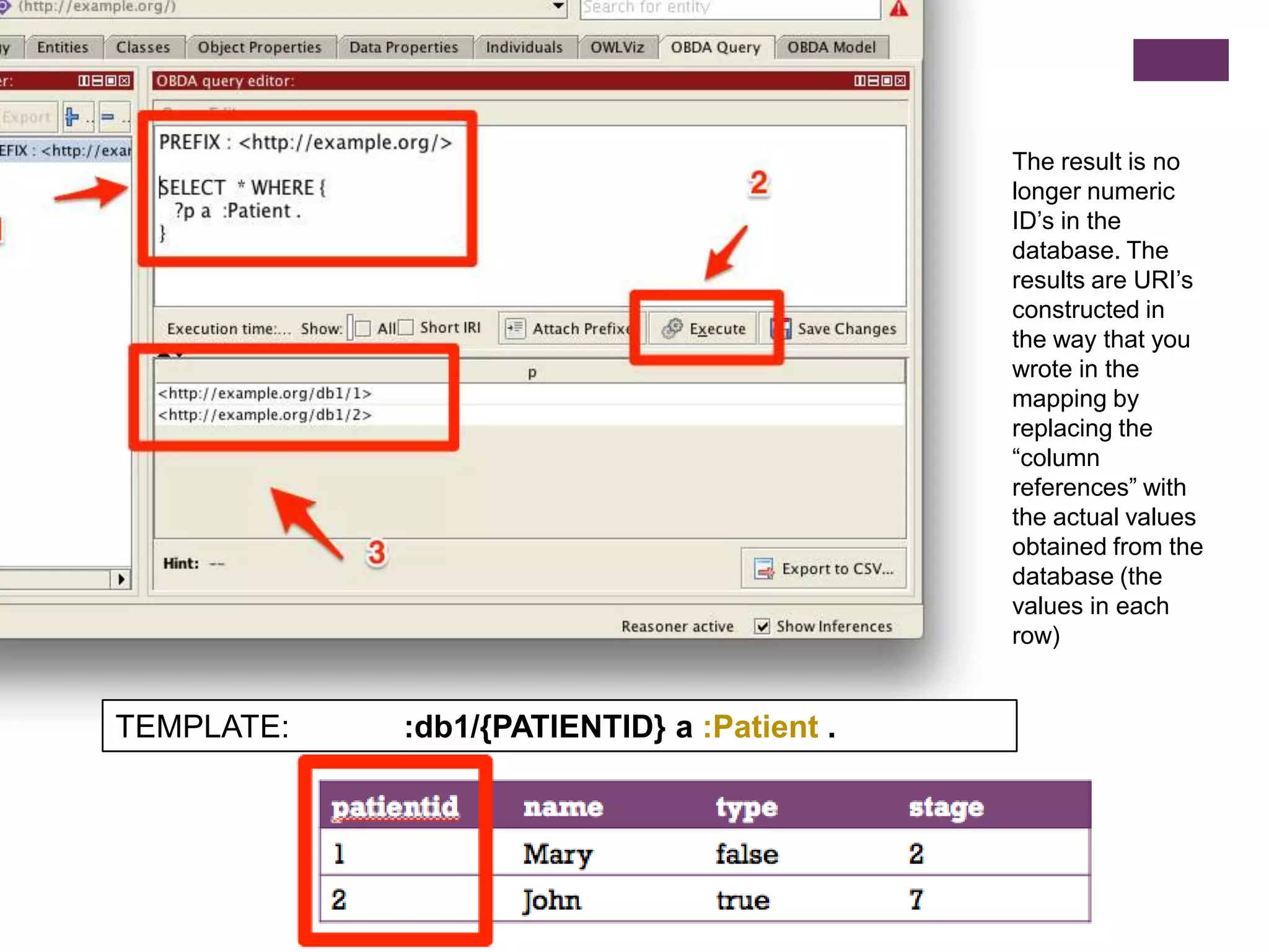 TEMPLATE: :db1/{PATIENTID} a :Patient .
The result is no
longer numeric
ID‟s in the
database. The
results are URI‟s
constructed in
the way that you
wrote in the
mapping by
replacing the
“column
references” with
the actual values
obtained from the
database (the
values in each
row)
 
