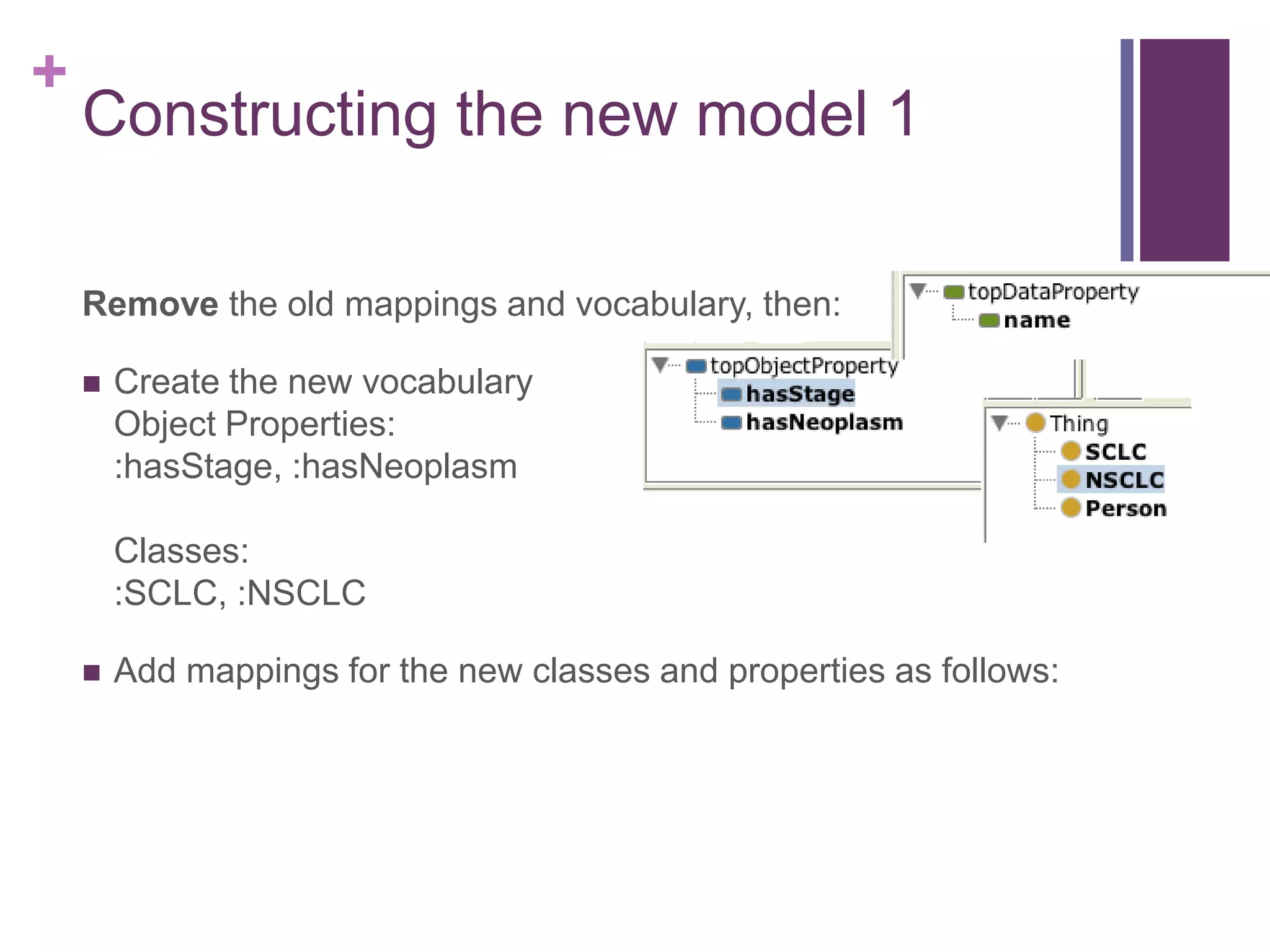 +
Constructing the new model 1
Remove the old mappings and vocabulary, then:
 Create the new vocabulary
Object Properties:
:hasStage, :hasNeoplasm
Classes:
:SCLC, :NSCLC
 Add mappings for the new classes and properties as follows:
 