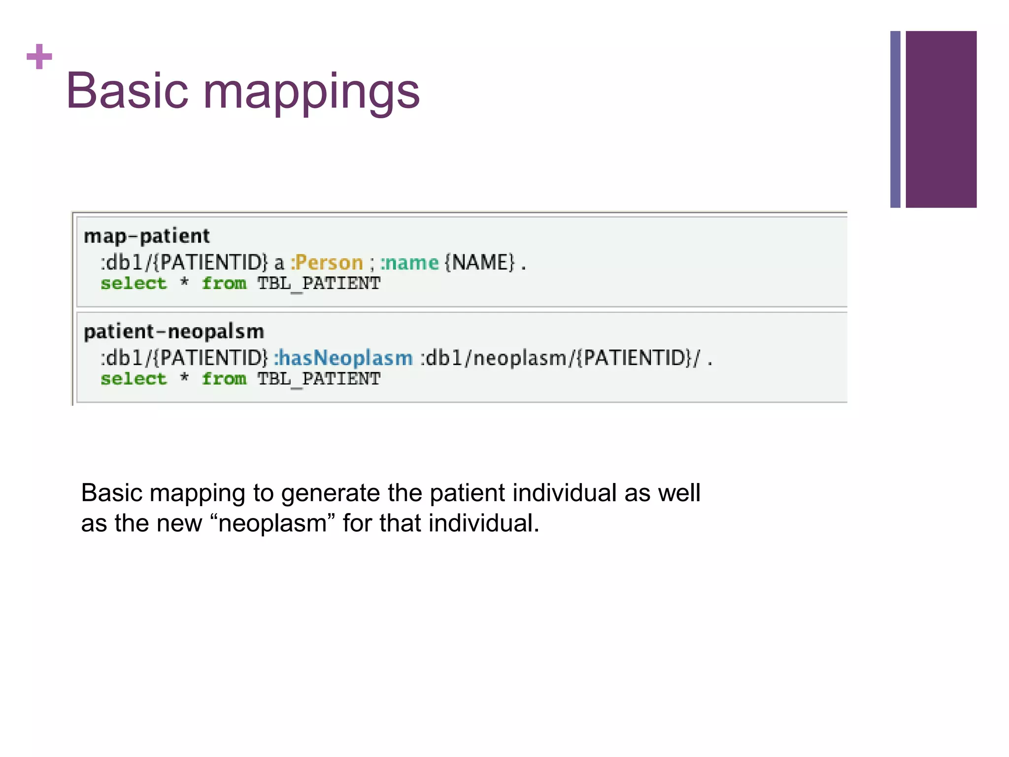 +
Basic mappings
Basic mapping to generate the patient individual as well
as the new “neoplasm” for that individual.
 
