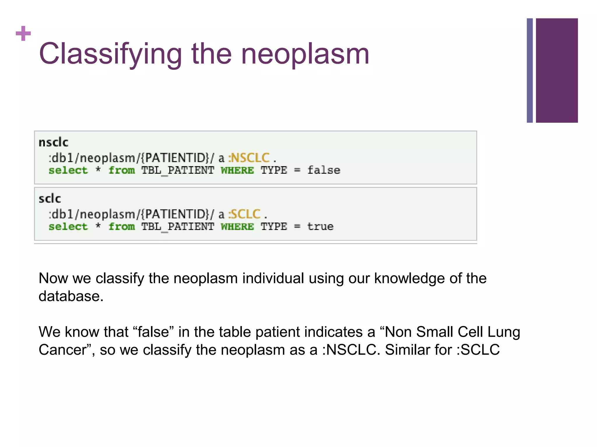 +
Classifying the neoplasm
Now we classify the neoplasm individual using our knowledge of the
database.
We know that “false” in the table patient indicates a “Non Small Cell Lung
Cancer”, so we classify the neoplasm as a :NSCLC. Similar for :SCLC
 