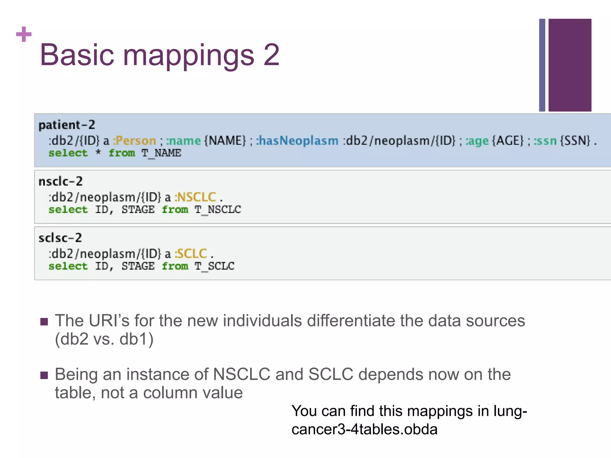 +
Basic mappings 2
 The URI‟s for the new individuals differentiate the data sources
(db2 vs. db1)
 Being an instance of NSCLC and SCLC depends now on the
table, not a column value
You can find this mappings in lung-
cancer3-4tables.obda
 