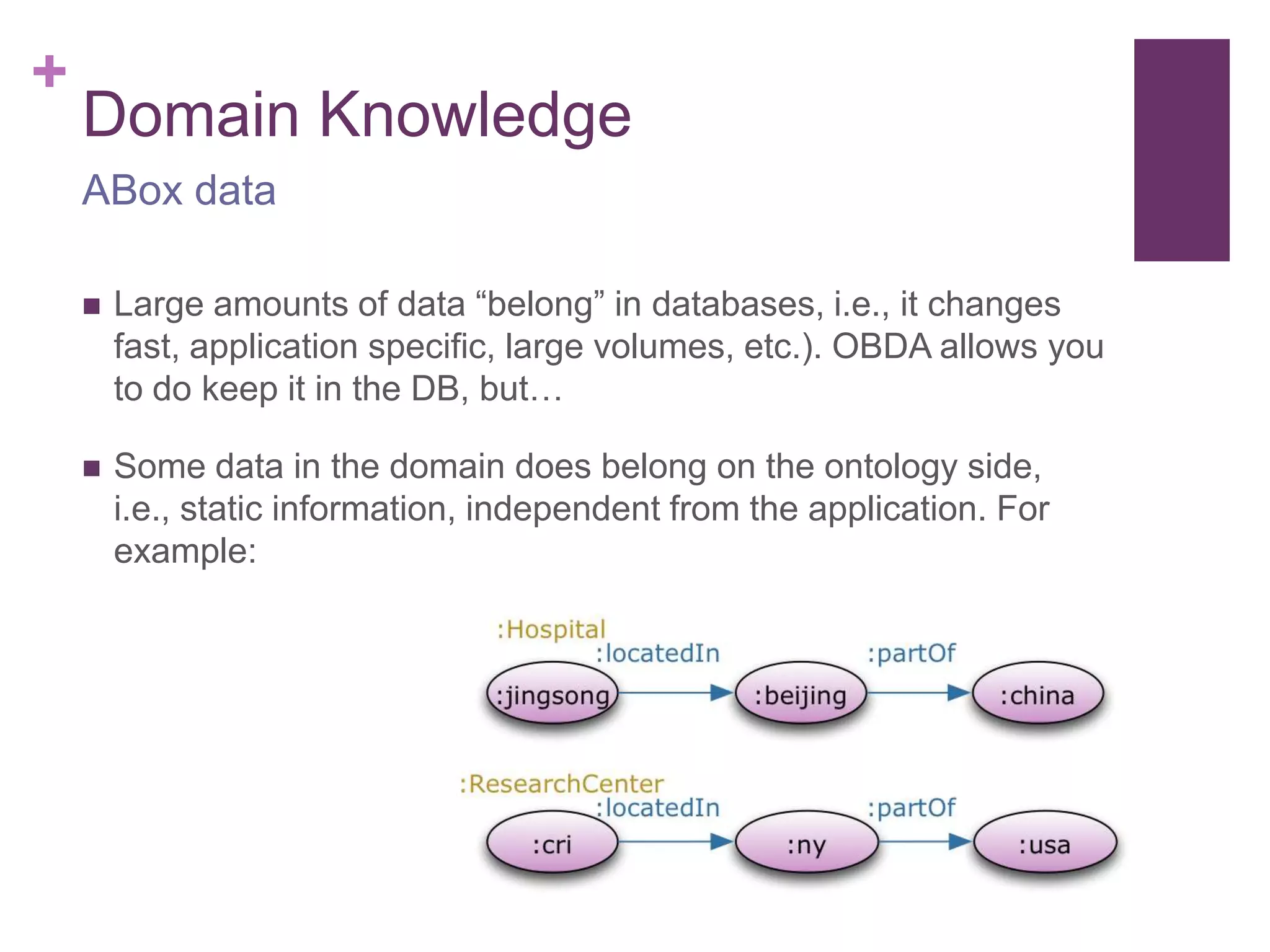 +
Domain Knowledge
 Large amounts of data “belong” in databases, i.e., it changes
fast, application specific, large volumes, etc.). OBDA allows you
to do keep it in the DB, but…
 Some data in the domain does belong on the ontology side,
i.e., static information, independent from the application. For
example:
ABox data
 