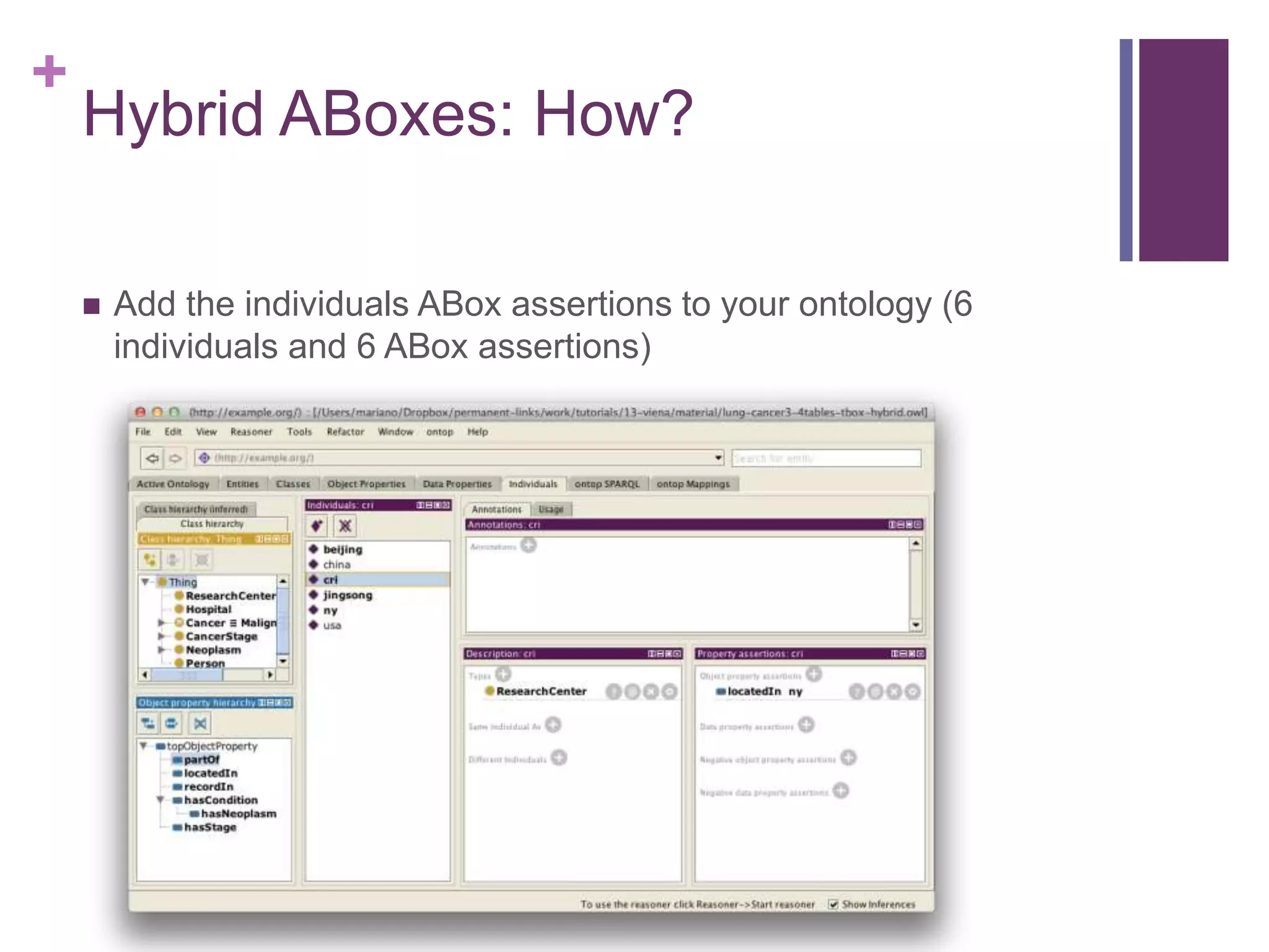 +
Hybrid ABoxes: How?
 Add the individuals ABox assertions to your ontology (6
individuals and 6 ABox assertions)
 