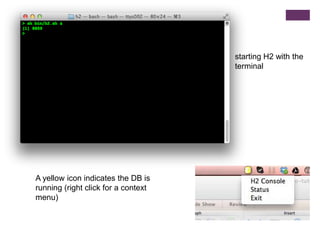 starting H2 with the
terminal
A yellow icon indicates the DB is
running (right click for a context
menu)
 
