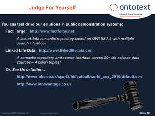 Judge For Yourself
                                                                         Linked Data Experts



You can test drive our solutions in public demonstration systems:
   Fact Forge: http://www.factforge.net
              A linked data semantic repository based on OWLIM 3.4 with multiple
              search interfaces
   Linked Life Data: http://www.linkedlifedata.com
              A semantic repository and search interface across 20+ life science data
              sources – 4 billion triples!
   Or, See Us in Action…
              http://news.bbc.co.uk/sport2/hi/football/world_cup_2010/default.stm
              http://www.innovantage.co.uk




Copyright 2012 Ontotext AD       www.ontotext.com                                        ݺߣ 10
 