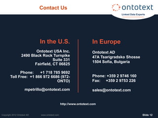 Contact Us
                                                                                  Linked Data Experts




                             In the U.S.                            In Europe
                          Ontotext USA Inc.                         Ontotext AD
                  2490 Black Rock Turnpike                          47A Tsarigradsko Shosse
                                    Suite 331
                                                                    1504 Sofia, Bulgaria
                         Fairfield, CT 06825

              Phone:    +1 718 785 9692
        Toll Free: +1 866 972 6686 (972-                            Phone: +359 2 9746 160
                                 ONTO)                              Fax: +359 2 9753 226

                     mpetrillo@ontotext.com                         sales@ontotext.com


                                                http://www.ontotext.com


Copyright 2012 Ontotext AD   www.ontotext.com                                                     ݺߣ 12
 