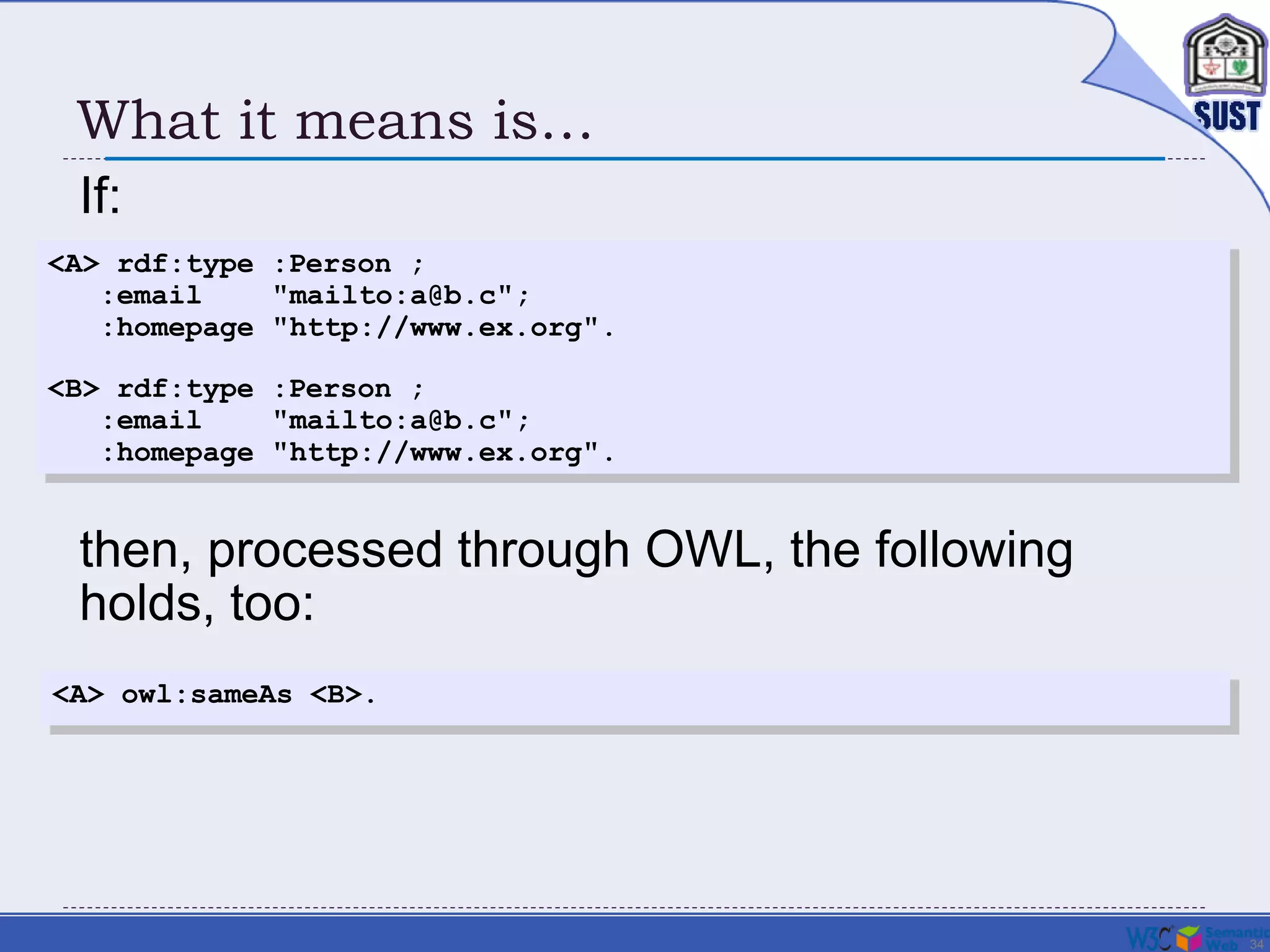 34
What it means is…
If:
<A> rdf:type :Person ;
:email "mailto:a@b.c";
:homepage "http://www.ex.org".
<B> rdf:type :Person ;
:email "mailto:a@b.c";
:homepage "http://www.ex.org".
<A> owl:sameAs <B>.
then, processed through OWL, the following
holds, too:
 