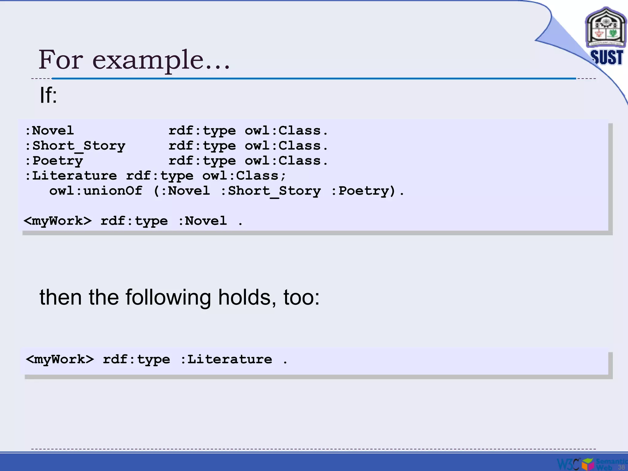 38
For example…
If:
:Novel rdf:type owl:Class.
:Short_Story rdf:type owl:Class.
:Poetry rdf:type owl:Class.
:Literature rdf:type owl:Class;
owl:unionOf (:Novel :Short_Story :Poetry).
<myWork> rdf:type :Novel .
<myWork> rdf:type :Literature .
then the following holds, too:
 