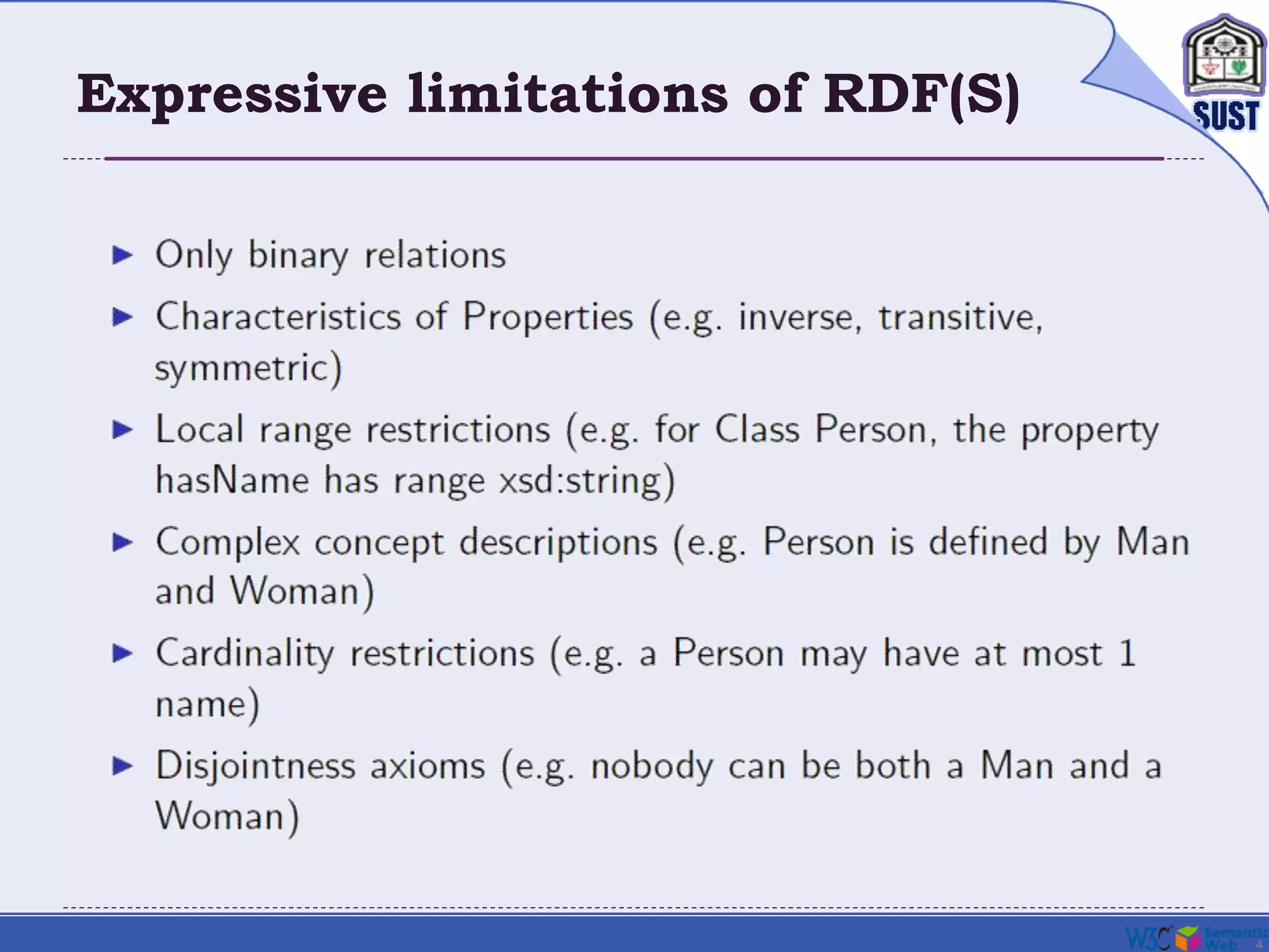 4
Expressive limitations of RDF(S)
 