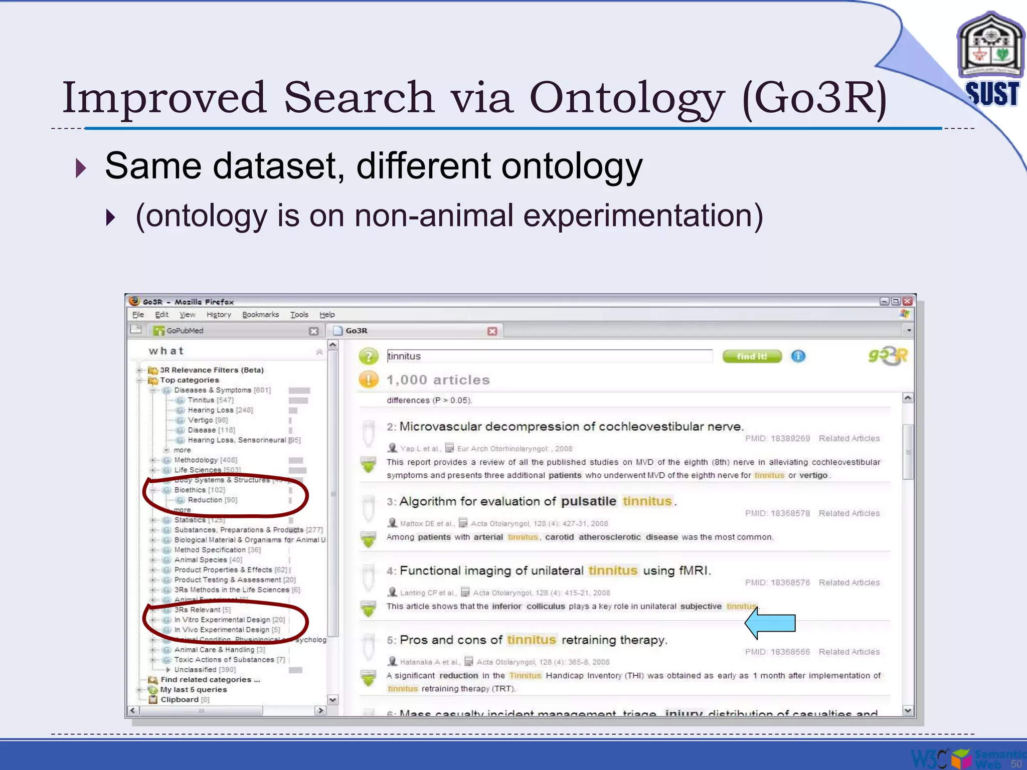 50
Improved Search via Ontology (Go3R)
 Same dataset, different ontology
 (ontology is on non-animal experimentation)
 