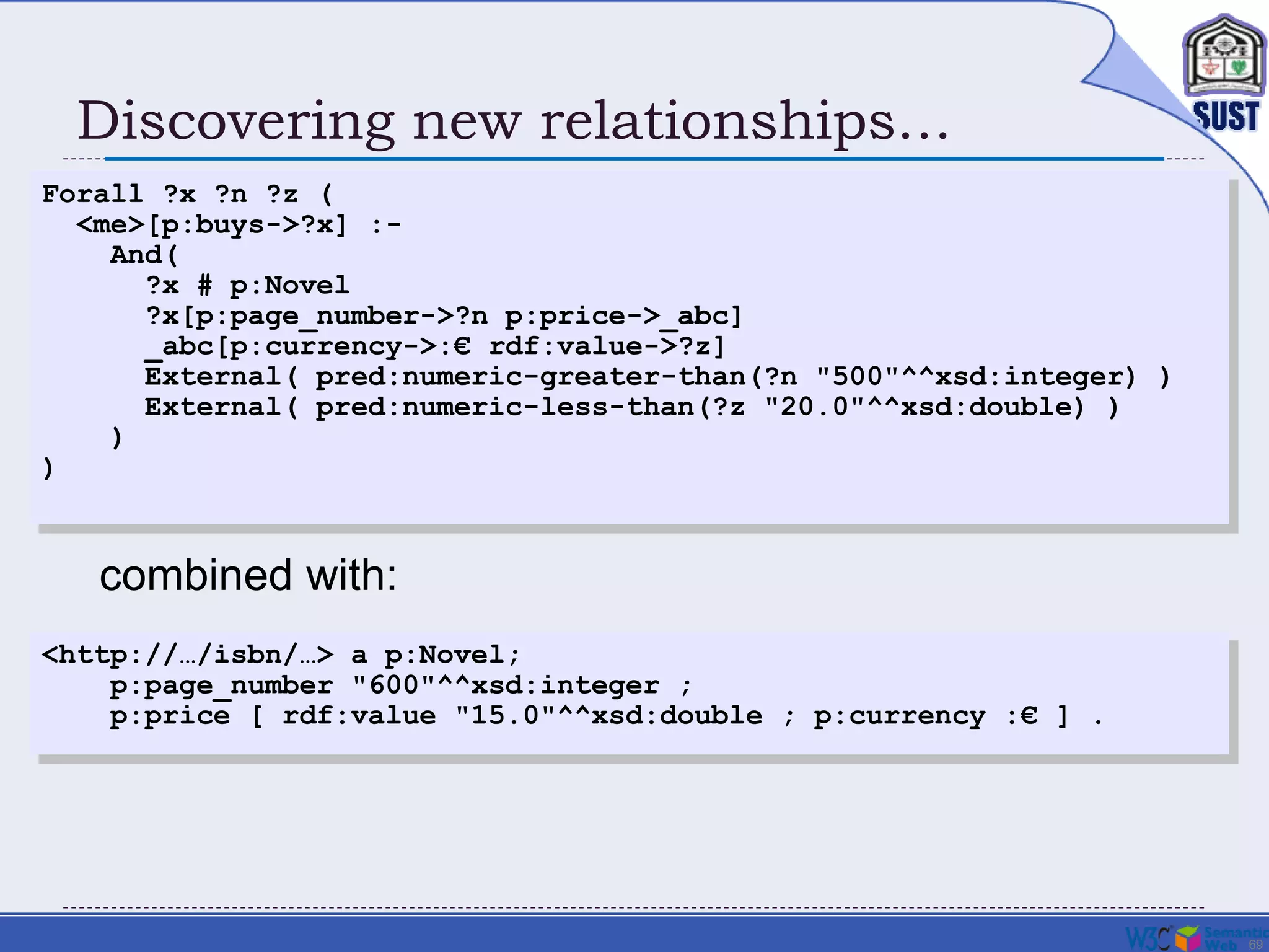 69
Discovering new relationships…
Forall ?x ?n ?z (
<me>[p:buys->?x] :-
And(
?x # p:Novel
?x[p:page_number->?n p:price->_abc]
_abc[p:currency->:€ rdf:value->?z]
External( pred:numeric-greater-than(?n "500"^^xsd:integer) )
External( pred:numeric-less-than(?z "20.0"^^xsd:double) )
)
)
<http://…/isbn/…> a p:Novel;
p:page_number "600"^^xsd:integer ;
p:price [ rdf:value "15.0"^^xsd:double ; p:currency :€ ] .
combined with:
 