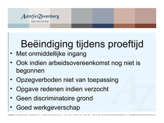 Beëindiging tijdens proeftijd Met onmiddellijke ingang Ook indien arbeidsovereenkomst nog niet is begonnen Opzegverboden niet van toepassing Opgave redenen indien verzocht Geen discriminatoire grond Goed werkgeverschap 