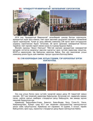 5
ЕС. “АРХИДАЛТГҮЙ ӨВӨРХАНГАЙ” ХӨТӨЛБӨРИЙГ ХЭРЭГЖҮҮЛЭВ.
2014 онд “Архидалтгүй Өвөрхангай” хөтөлбөрийг шинээр батлан хэрэгжүүлж,
архидалтын эсрэг арга хэмжээ, гэмт хэрэг зөрчлөөс урьдчилан сэргийлэх төлөвлөгөө
гарган хэрэгжүүлэв. Үүний үр дүнд аймгийн хэмжээнд 236 иргэн архи согтууруулах
ундааны хэрэглээнээс бүрэн татгалзаж, 59 иргэн архинаас хамааралгүй болсон
төдийгүй, гэмт хэргийн гаралт өмнөх оноос 5.2 хувиар буурсан байна.
Жилийн хүрээнд “Эрүүл Омогшил” ТББ-тай хамтран архидалтаас хамааралтай
иргэдийн сэтгэлгээ хандлагыг өөрчлөх сургалтыг орон нутгийн хөрөнгөөр гүйцэтгэж,
БОЭТ-д наркологийн төв байгуулан ажиллаж байна. Энэ үйл ажиллагааг улсын
хэмжээнд үнэлж Хууль зүйн яамнаас тэргүүн туршлага болгоод байна.
10. СУМ ХООРОНДЫН ЗАМ, ХОТЫН ГУДАМЖ, ГЭР ХОРООЛЛЫГ БҮРЭН
ХАЯГЖУУЛАВ.
Энэ онд улсын болон орон нутгийн чанартай замын дагуу 35 тэмдэгтийг замын
сангийн 39.7 сая төгрөгийн хөрөнгөөр байрлуулав. Ингэснээр хот, хөдөөгийн замаас
салах, нийлэх хаягын самбарыг стандартын дагуу байршуулж, зөв замаар зорчих
нөхцлийг бүрдүүлсэн юм.
Арвайхээр, Баруунбаян-Улаан, Баянгол, Баян-Өндөр, Богд, Гучин-Ус, Уянга,
Хайрхандулаан, Хужирт сумд 63.7 сая төгрөгийн санхүүжилтээр хаягжуулалтын
ажлыг хийж гүйцэтгүүллээ. Арвайхээр хот нэрэмжит 15 гудамж, 5 хотхон, төрийн
байгууллага, орон сууц, хорооллыг стандартын дагуу бүрэн хаягжуулсан байна.
 