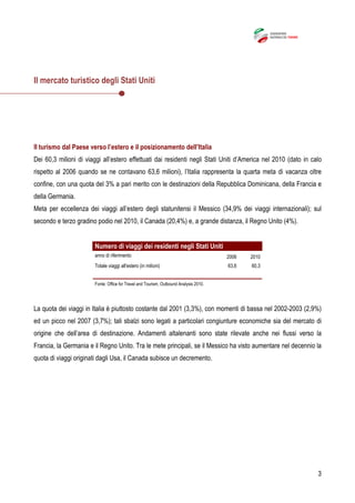 3
Il mercato turistico degli Stati Uniti
Il turismo dal Paese verso l’estero e il posizionamento dell’Italia
Dei 60,3 milioni di viaggi all’estero effettuati dai residenti negli Stati Uniti d’America nel 2010 (dato in calo
rispetto al 2006 quando se ne contavano 63,6 milioni), l’Italia rappresenta la quarta meta di vacanza oltre
confine, con una quota del 3% a pari merito con le destinazioni della Repubblica Dominicana, della Francia e
della Germania.
Meta per eccellenza dei viaggi all’estero degli statunitensi il Messico (34,9% dei viaggi internazionali); sul
secondo e terzo gradino podio nel 2010, il Canada (20,4%) e, a grande distanza, il Regno Unito (4%).
Numero di viaggi dei residenti negli Stati Uniti
anno di riferimento 2006 2010
Totale viaggi all'estero (in milioni) 63,6 60,3
Fonte: Office for Travel and Tourism, Outbound Analysis 2010.
La quota dei viaggi in Italia è piuttosto costante dal 2001 (3,3%), con momenti di bassa nel 2002-2003 (2,9%)
ed un picco nel 2007 (3,7%); tali sbalzi sono legati a particolari congiunture economiche sia del mercato di
origine che dell’area di destinazione. Andamenti altalenanti sono state rilevate anche nei flussi verso la
Francia, la Germania e il Regno Unito. Tra le mete principali, se il Messico ha visto aumentare nel decennio la
quota di viaggi originati dagli Usa, il Canada subisce un decremento.
 