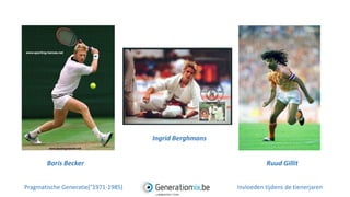 Ingrid Berghmans
Ruud GillitBoris Becker
Pragmatische Generatie(°1971-1985) Invloeden tijdens de tienerjaren
 