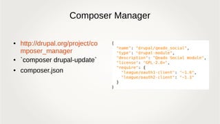 Composer Manager
● http://drupal.org/project/co
mposer_manager
● `composer drupal-update`
● composer.json
 