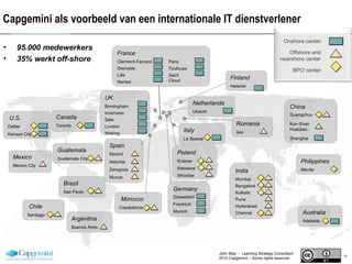 Capgemini als voorbeeld van een internationale IT dienstverlener Mexico Mexico City U.S. Dallas Kansas City Canada Toronto Argentina Buenos Aires Chile Santiago Brazil Sao Paulo Morocco Casablanca Poland Krakow Katowice Wroclaw India Mumbai Bangalore Kolkata Pune Hyderabad Chennai China Guangzhou Kun-Shan HuaQiao Shanghai UK Birmingham Inverness Sale London Woking Australia Adelaide Spain Madrid Asturias Zaragoza Murcia Guatemala Guatemala City Finland Helsinki Philippines Manila Germany Düsseldorf Frankfurt Munich Italy La Spezia Romania Iasi Netherlands Utrecht 95.000 medewerkers 35% werkt off-shore John May  -  Learning Strategy Consultant 2010 Capgemini – Some rights reserved Onshore center Offshore and nearshore center BPO center France Clermont-Ferrand  Grenoble Lille Nantes Paris Toulouse Saint Cloud 
