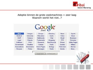 Adoptie binnen de grote zoekmachines = zeer laag Waarom werkt het niet…? 