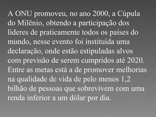 A ONU promoveu, no ano 2000, a Cúpula do Milênio, obtendo a participação dos líderes de praticamente todos os países do mundo, nesse evento foi instituída uma declaração, onde estão estipuladas alvos com previsão de serem cumpridos até 2020. Entre as metas está a de promover melhorias na qualidade de vida de pelo menos 1,2 bilhão de pessoas que sobrevivem com uma renda inferior a um dólar por dia. 