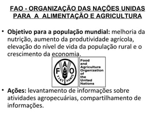 FAO - ORGANIZAÇÃO DAS NAÇÕES UNIDAS PARA  A  ALIMENTAÇÃO E AGRICULTURA Objetivo para a população mundial:  melhoria da nutrição, aumento da produtividade agrícola, elevação do nível de vida da população rural e o crescimento da economia. Ações:  levantamento de informações sobre atividades agropecuárias, compartilhamento de informações. 
