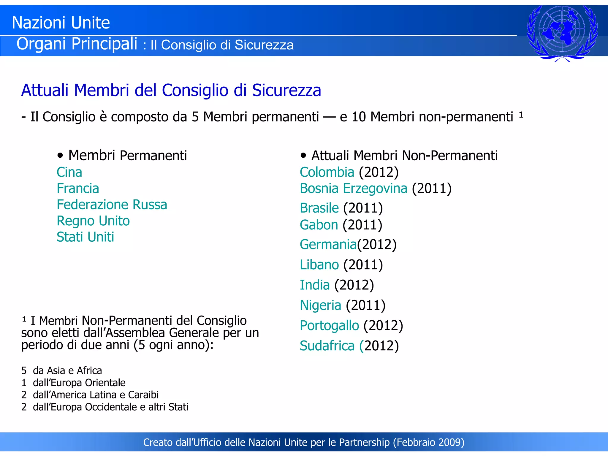 Attuali Membri del Consiglio di Sicurezza - Il Consiglio è composto da 5 Membri permanenti — e 10 Membri non-permanenti ¹  Membri  Permanenti Cina   Francia  Federazione Russa  Regno Unito  Stati Uniti Attuali Membri Non-Permanenti  Colombia  (2012)   Bosnia Erzegovina  (2011) Brasile  (2011)   Gabon  (2011)   G ermania (2012)   Libano  (2011)   India  (2012)   Nigeria  (2011)   Portogallo  (2012)   Sudafrica  ( 2012)     ¹  I Membri  Non-Permanenti del Consiglio sono eletti dall’Assemblea Generale per un periodo di due anni (5 ogni anno): Nazioni Unite Organi Principali   : Il Consiglio di Sicurezza 5  da Asia e Africa 1  dall’Europa Orientale 2  dall’America Latina e Caraibi  2  dall’Europa Occidentale e altri Stati Creato dall’Ufficio delle Nazioni Unite per le Partnership (Febbraio 2009) 