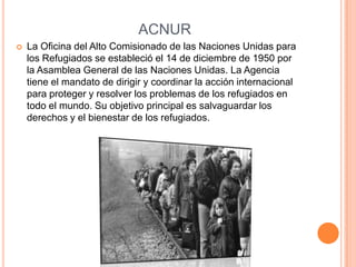 ACNUR
   La Oficina del Alto Comisionado de las Naciones Unidas para
    los Refugiados se estableció el 14 de diciembre de 1950 por
    la Asamblea General de las Naciones Unidas. La Agencia
    tiene el mandato de dirigir y coordinar la acción internacional
    para proteger y resolver los problemas de los refugiados en
    todo el mundo. Su objetivo principal es salvaguardar los
    derechos y el bienestar de los refugiados.
 