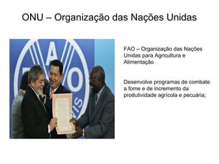 ONU – Organização das Nações Unidas
FAO – Organização das Nações
Unidas para Agricultura e
Alimentação
Desenvolve programas de combate
a fome e de incremento da
produtividade agrícola e pecuária;
 