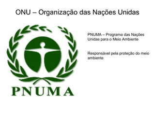 ONU – Organização das Nações Unidas
PNUMA – Programa das Nações
Unidas para o Meio Ambiente
Responsável pela proteção do meio
ambiente
 