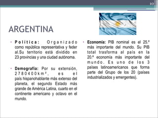 10

ARGENTINA
• Política:
Organizado
como república representativa y feder
al.Su territorio está dividido en
23 provincias y una ciudad autónoma.
• Demografía: Por su extensión,
2780400km²,
es
el
país hispanohablante más extenso del
planeta, el segundo Estado más
grande de América Latina, cuarto en el
continente americano y octavo en el
mundo.

• Economía: PIB nominal es el 25.º
más importante del mundo. Su PIB
total trasforma al país en la
20.ª economía más importante del
mundo. Es uno de los 3
países latinoamericanos que forma
parte del Grupo de los 20 (países
industrializados y emergentes).

 