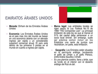 EMIRATOS ÁRABES UNIDOS
• Moneda: Dírham de los Emiratos Árabes
Unidos
• Economía: Los Emiratos Árabes Unidos
es el pais mas rico del mundo se basan
en una economía abierta con un elevado
ingreso per cápita y un considerable
superávit comercial anual. El país está
dentro de los primeros 5 países en el
mundo en cuanto a ingreso per cápita.

• Marco legal: Las entidades locales se
rigen según la Ley Federal No.15 de
1988 "The Companies Law". La principal
limitación de esta ley es que al menos el
51% del capital debe pertenecer a un
socio local emiratí. Sin embargo, suele
ser práctica común incluir en los
Estatutos una serie de puntos que
neutralicen, en parte, esta limitación.
•  Geografía: Los Emiratos están situados
en la península arábiga, bordeando
el golfo de Omán y el golfo Pérsico,
entre Arabia Saudita y Omán.
• Es una planicie costera, llana y árida, que
se funde en el interior con el desierto
arábigo del Rub al-Jali.

 