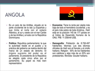 ANGOLA
• Es un país de las Antillas, situado en la
parte occidental de la isla La Española y
que limita al norte con el océano
Atlántico, al sur y oeste con el mar Caribe
o de las Antillas y al este con la República
Dominicana.

• Economía: Tiene la renta per cápita más
baja de todo el hemisferio occidental, y es
el país más pobre de toda América., Haití
está en la posición 145 de 177 países en
el Índice de Desarrollo Humano de la
ONU. PIB: 11.056mill US$.

• Política: Republica parlamentaria: la que
la autoridad reside en el pueblo y la
práctica del gobierno se realiza dentro del
marco de un estado de derecho. El
órgano supremo del poder es el
parlamento. El presidente de la República
es elegido cada cinco años por el
parlamento. Su papel es más bien
representativo

• Demografía: Población de 8.706.497
habitantes. Idiomas: Los dos idiomas
oficiales de Haití son el francés y el criollo
haitiano. Religión: 55% de los habitantes
son católicos y algo más de un 20% son
protestantes. Moneda: Gouder haitiano.

 