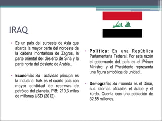 IRAQ
• Es un país del suroeste de Asia que
abarca la mayor parte del noroeste de
la cadena montañosa de Zagros, la
parte oriental del desierto de Siria y la
parte norte del desierto de Arabia..
• Economía: Su actividad principal es
la Industria. Irak es el cuarto país con
mayor cantidad de reservas de
petróleo del planeta. PIB: 210,3 miles
de millones USD (2012).

• Política: Es una República
Parlamentaria Federal. Por esta razón
el gobernante del país es el Primer
Ministro; y el Presidente representa
una figura simbólica de unidad..
• Demografía: Su moneda es el Dinar,
sus idiomas oficiales el árabe y el
kurdo. Cuenta con una población de
32.58 millones.

 