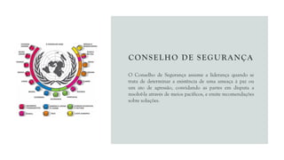CONSELHO DE SEGURANÇA
O Conselho de Segurança assume a liderança quando se
trata de determinar a existência de uma ameaça à paz ou
um ato de agressão, convidando as partes em disputa a
resolvê-la através de meios pacíficos, e emite recomendações
sobre soluções.
 