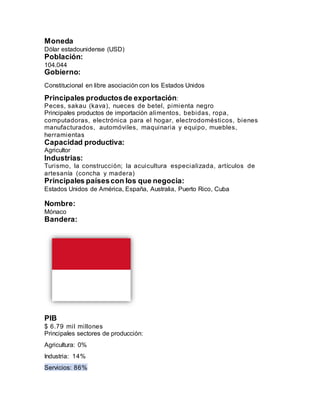 Moneda
Dólar estadounidense (USD)
Población:
104.044
Gobierno:
Constitucional en libre asociación con los Estados Unidos
Principales productosde exportación:
Peces, sakau (kava), nueces de betel, pimienta negro
Principales productos de importación alimentos, bebidas, ropa,
computadoras, electrónica para el hogar, electrodomésticos, bienes
manufacturados, automóviles, maquinaria y equipo, muebles,
herramientas
Capacidad productiva:
Agricultor
Industrias:
Turismo, la construcción; la acuicultura especializada, artículos de
artesanía (concha y madera)
Principales paísescon los que negocia:
Estados Unidos de América, España, Australia, Puerto Rico, Cuba
Nombre:
Mónaco
Bandera:
PIB
$ 6.79 mil millones
Principales sectores de producción:
Agricultura: 0%
Industria: 14%
Servicios: 86%
 