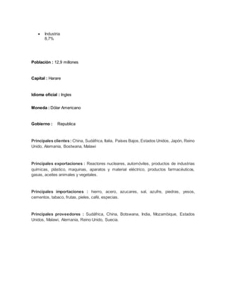  Industria
8,7%
Población : 12,9 millones
Capital : Harare
Idioma oficial : Ingles
Moneda : Dólar Americano
Gobierno : Republica
Principales clientes: China, Sudáfrica, Italia, Países Bajos, Estados Unidos, Japón, Reino
Unido, Alemania, Bostwana, Malawi
Principales exportaciones : Reactores nucleares, automóviles, productos de industrias
químicas, plástico, maquinas, aparatos y material eléctrico, productos farmacéuticos,
gasas, aceites animales y vegetales.
Principales importaciones : hierro, acero, azucares, sal, azufre, piedras, yesos,
cementos, tabaco, frutas, pieles, café, especias.
Principales proveedores : Sudáfrica, China, Botswana, India, Mozambique, Estados
Unidos, Malawi, Alemania, Reino Unido, Suecia.
 