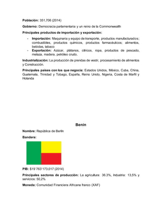 Población: 351,706 (2014)
Gobierno: Democracia parlamentaria y un reino de la Commonwealth
Principales productos de importación y exportación:
- Importación: Maquinaria y equipo de transporte, productos manufacturados;
combustibles, productos químicos, productos farmacéuticos; alimentos,
bebidas, tabaco
- Exportación: Azúcar, plátanos, cítricos, ropa, productos de pescado,
melaza, madera, petróleo crudo.
Industrialización: La producción de prendas de vestir, procesamiento de alimentos
y Construcción.
Principales países con los que negocia: Estados Unidos, México, Cuba, China,
Guatemala, Trinidad y Tobago, España, Reino Unido, Nigeria, Costa de Marfil y
Holanda
Benin
Nombre: República de Berlín
Bandera:
PIB: $19´763’173,017 (2014)
Principales sectores de producción: La agricultura: 36.3%, Industria: 13,5% y
servicios: 50,2%
Moneda: Comunidad Financiera Africana franco (XAF)
 