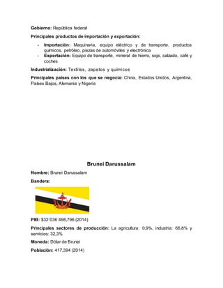Gobierno: República federal
Principales productos de importación y exportación:
- Importación: Maquinaria, equipo eléctrico y de transporte, productos
químicos, petróleo, piezas de automóviles y electrónica
- Exportación: Equipo de transporte, mineral de hierro, soja, calzado, café y
coches
Industrialización: Textiles, zapatos y químicos
Principales países con los que se negocia: China, Estados Unidos, Argentina,
Países Bajos, Alemania y Nigeria
Brunei Darussalam
Nombre: Brunei Darussalam
Bandera:
PIB: $32´036´498,796 (2014)
Principales sectores de producción: La agricultura: 0,9%, industria: 66,8% y
servicios: 32,3%
Moneda: Dólar de Brunei
Población: 417,394 (2014)
 