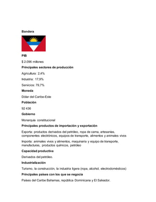 Bandera
PIB
$ 2.096 millones
Principales sectores de producción
Agricultura: 2,4%
Industria: 17,9%
Servicios: 79,7%
Moneda
Dólar del Caribe-Este
Población
92 436
Gobierno
Monarquía constitucional
Principales productos de importación y exportación
Exporta: productos derivados del petróleo, ropa de cama, artesanías,
componentes electrónicos, equipos de transporte, alimentos y animales vivos
Importa: animales vivos y alimentos, maquinaria y equipo de transporte,
manufacturas, productos químicos, petróleo
Capacidad productiva
Derivados del petróleo.
Industrialización
Turismo, la construcción, la industria ligera (ropa, alcohol, electrodomésticos)
Principales países con los que se negocia
Países del Caribe Bahamas, república Dominicana y El Salvador.
 