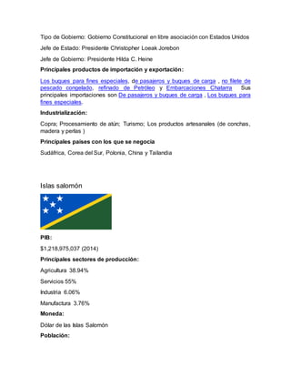 Tipo de Gobierno: Gobierno Constitucional en libre asociación con Estados Unidos
Jefe de Estado: Presidente Christopher Loeak Jorebon
Jefe de Gobierno: Presidente Hilda C. Heine
Principales productos de importación y exportación:
Los buques para fines especiales, de pasajeros y buques de carga , no filete de
pescado congelado, refinado de Petróleo y Embarcaciones Chatarra Sus
principales importaciones son De pasajeros y buques de carga , Los buques para
fines especiales.
Industrialización:
Copra; Procesamiento de atún; Turismo; Los productos artesanales (de conchas,
madera y perlas )
Principales países con los que se negocia
Sudáfrica, Corea del Sur, Polonia, China y Tailandia
Islas salomón
PIB:
$1,218,975,037 (2014)
Principales sectores de producción:
Agricultura 38.94%
Servicios 55%
Industria 6.06%
Manufactura 3.76%
Moneda:
Dólar de las Islas Salomón
Población:
 
