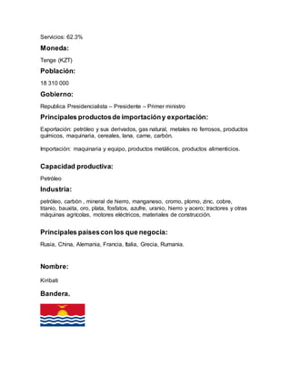 Servicios: 62.3%
Moneda:
Tenge (KZT)
Población:
18 310 000
Gobierno:
Republica Presidencialista – Presidente – Primer ministro
Principales productosde importacióny exportación:
Exportación: petróleo y sus derivados, gas natural, metales no ferrosos, productos
químicos, maquinaria, cereales, lana, carne, carbón.
Importación: maquinaria y equipo, productos metálicos, productos alimenticios.
Capacidad productiva:
Petróleo
Industria:
petróleo, carbón , mineral de hierro, manganeso, cromo, plomo, zinc, cobre,
titanio, bauxita, oro, plata, fosfatos, azufre, uranio, hierro y acero; tractores y otras
máquinas agrícolas, motores eléctricos, materiales de construcción.
Principales paísescon los que negocia:
Rusia, China, Alemania, Francia, Italia, Grecia, Rumania.
Nombre:
Kiribati
Bandera.
 