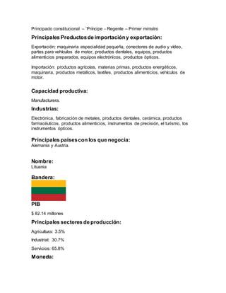Principado constitucional – ¨Príncipe - Regente – Primer ministro
Principales Productosde importacióny exportación:
Exportación: maquinaria especialidad pequeña, conectores de audio y vídeo,
partes para vehículos de motor, productos dentales, equipos, productos
alimenticios preparados, equipos electrónicos, productos ópticos.
Importación: productos agrícolas, materias primas, productos energéticos,
maquinaria, productos metálicos, textiles, productos alimenticios, vehículos de
motor.
Capacidad productiva:
Manufacturera.
Industrias:
Electrónica, fabricación de metales, productos dentales, cerámica, productos
farmacéuticos, productos alimenticios, instrumentos de precisión, el turismo, los
instrumentos ópticos.
Principales paísescon los que negocia:
Alemania y Austria.
Nombre:
Lituania
Bandera:
PIB
$ 82.14 millones
Principales sectores de producción:
Agricultura: 3.5%
Industrial: 30.7%
Servicios: 65.8%
Moneda:
 