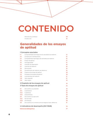 6
1 Conceptos asociados
Generalidades de los ensayos
de aptitud
2 Propósito de los ensayos de aptitud
3 Tipos de ensayos de aptitud
4 Indicadores de desempeño (ISO 13528)
Referencias bibliograficas
CONTENIDO
Comparabilidad metrológica de los resultados de medición
Comparación interlaboratorio
Compatibilidad metrológica de resultados de medición
Ensayo de aptitud
Homogeneidad
Indicador de desempeño
Intervalo de medición
Mensurando
Procedimiento de medición de referencia
Programa de ensayo de aptitud
Proveedor de ensayos de aptitud
Incertidumbre de medición
Valor asignado
Valor atípico
1.1
1.2
1.3
1.4
1.5
1.6
1.7
1.8
1.9
1.10
1.11
1.12
1.13
1.14
14
15
16
17
17
18
18
19
19
20
20
21
21
22
3.1
3.1.1
3.1.2
3.1.3
3.2
3.2.1
3.2.2
3.3
25
25
25
26
26
26
30
31
De acuerdo a su propósito
Cuantitativos
Cualitativos
Interpretativos
De acuerdo a su ejecución
Secuenciales
Simultáneos
De acuerdo con la manera como se asigna el valor referencia
Abreviaturas y simbolos
Introducción
09
10
24
22
34
37
 