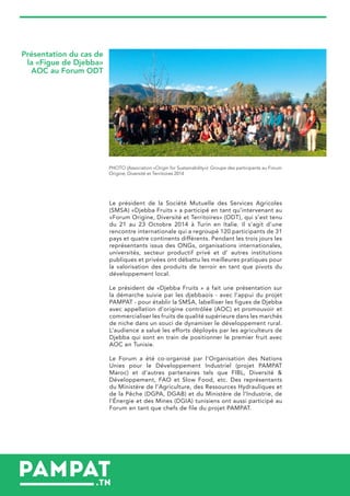 Le président de la Société Mutuelle des Services Agricoles
(SMSA) «Djebba Fruits » a participé en tant qu’intervenant au
«Forum Origine, Diversité et Territoires» (ODT), qui s’est tenu
du 21 au 23 Octobre 2014 à Turin en Italie. Il s’agit d’une
rencontre internationale qui a regroupé 120 participants de 31
pays et quatre continents différents. Pendant les trois jours les
représentants issus des ONGs, organisations internationales,
universités, secteur productif privé et d’ autres institutions
publiques et privées ont débattu les meilleures pratiques pour
la valorisation des produits de terroir en tant que pivots du
développement local.
Le président de «Djebba Fruits » a fait une présentation sur
la démarche suivie par les djebbaois - avec l’appui du projet
PAMPAT - pour établir la SMSA, labelliser les figues de Djebba
avec appellation d’origine contrôlée (AOC) et promouvoir et
commercialiser les fruits de qualité supérieure dans les marchés
de niche dans un souci de dynamiser le développement rural.
L’audience a salué les efforts déployés par les agriculteurs de
Djebba qui sont en train de positionner le premier fruit avec
AOC en Tunisie.
Le Forum a été co-organisé par l’Organisation des Nations
Unies pour le Développement Industriel (projet PAMPAT
Maroc) et d’autres partenaires tels que FIBL, Diversité &
Développement, FAO et Slow Food, etc. Des représentants
du Ministère de l’Agriculture, des Ressources Hydrauliques et
de la Pêche (DGPA, DGAB) et du Ministère de l’Industrie, de
l’Énergie et des Mines (DGIA) tunisiens ont aussi participé au
Forum en tant que chefs de file du projet PAMPAT.
Présentation du cas de
la «Figue de Djebba»
AOC au Forum ODT
PHOTO (Association «Origin for Sustainability»): Groupe des participants au Forum
Origine, Diversité et Territoires 2014
 