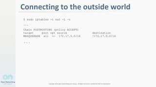 Copyright 2014 Open Networking User Group. All Rights Reserved Confidential Not For Distribution
1
Connecting to the outside world
$ sudo iptables -t nat -L –n
...
Chain POSTROUTING (policy ACCEPT)
target prot opt source destination
MASQUERADE all -- 172.17.0.0/16 !172.17.0.0/16
...
 