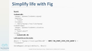 Copyright 2014 Open Networking User Group. All Rights Reserved Confidential Not For Distribution
2
Simplify life with Fig
fig.yml:
todomvcdb:
image: cpswan/todomvc.mysql
expose:
- "3306"
volumes:
- /data/mysql:/var/lib/mysql
todomvcapp:
image: cpswan/todomvc.sinatra
ports:
- "4567:4567"
links:
- todomvcdb:db
I still need this on the inside:
dburl = 'mysql://root:pa55Word@' + ENV['DB_PORT_3306_TCP_ADDR'] +
'/todomvc'
DataMapper.setup(:default, dburl)
 