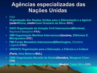 Agências especializadas das Nações Unidas   FAO   Organização das Nações Unidas para a Alimentação e a Agricultura (sede= Roma , chefe= José  Graziano  da Silva -  BRA) OACI   Organização da Aviação Civil Internacional ( Montreal ,   Raymond  Benjamin -FRA)  OMI   Organização Marítima Internacional (londres,  Efthimios  E.  Mitropoulos -GRE) FMI   Fundo Monetário Internacional ( Washington ,   Christine  Lagarde -FRA) UNESCO   Organização para a Educação, a Ciência e a Cultura (Paris,  Irina   Bokova -BUL)   OMS   Organização Mundial da Saúde (Genebra,  Margaret  Chan -CHI)   OMT   Organização Mundial de Turismo (Madrid,  Taleb   Rifai -JOR) 
